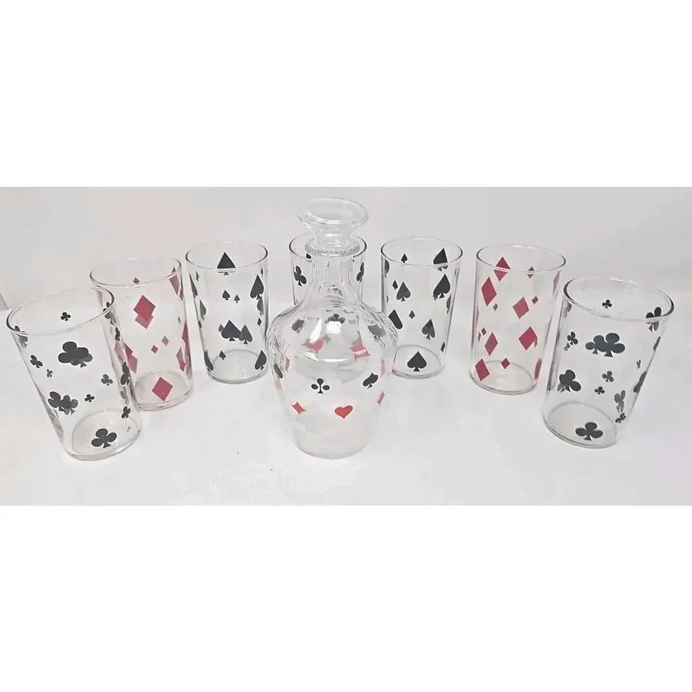 Vintage Juice Glasses Lot of 8 Card Decanter with Glasses U186